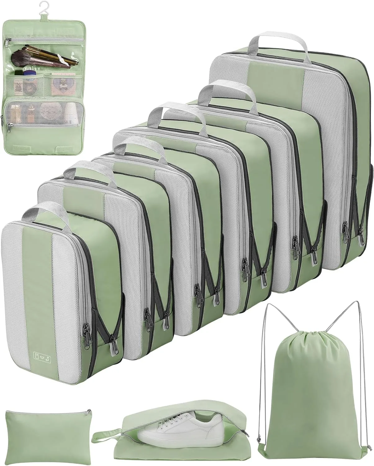 10 Set Compression Packing Cubes for Travel Essentials,Compressible Expandable Packing Cubes for Suitcase,OlarHike Luggage Organizer Bags for Travel,Handy Helper for Organizing Clothes(Matcha Green)