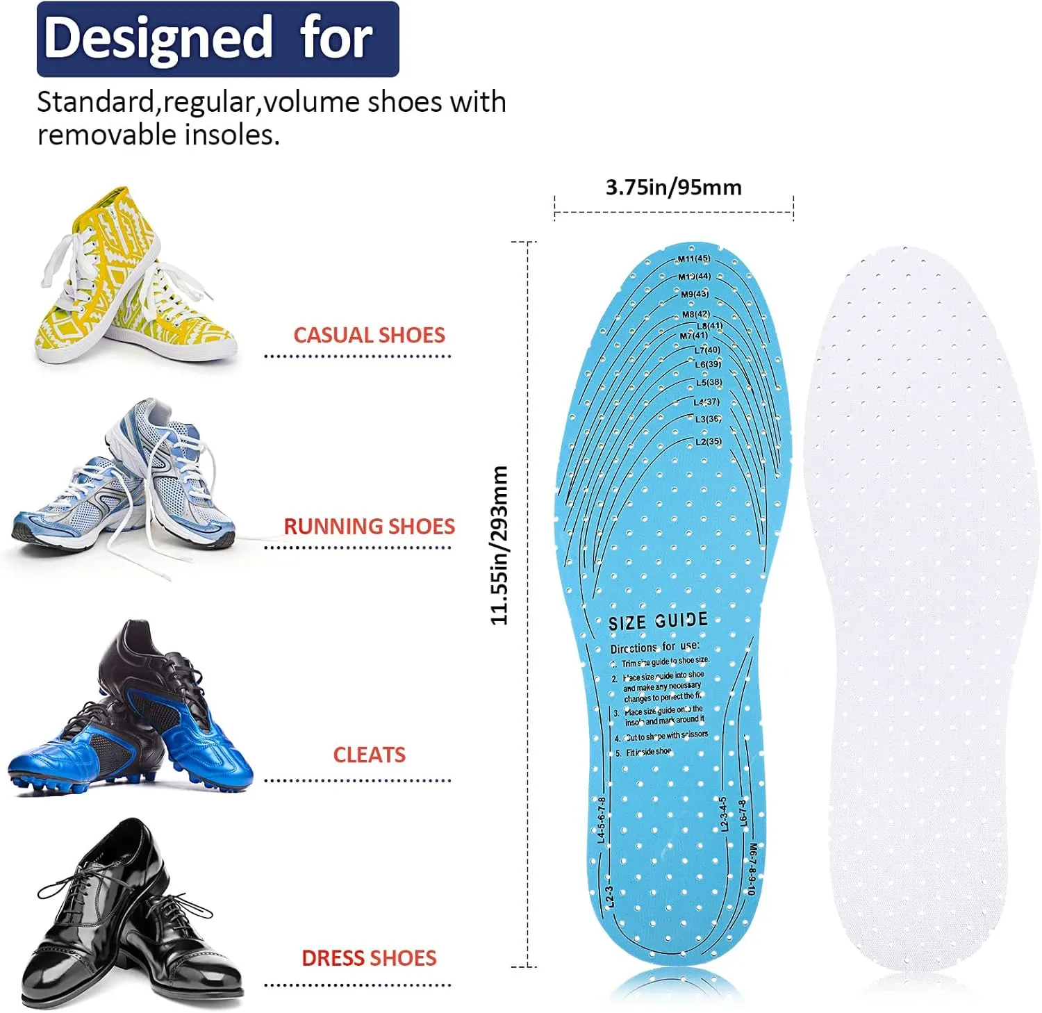 6 Pairs Shoe Insoles Women Thin Breathable Shoe Pads Inserts Ultra Soft Cushioning Walking Double Layer Latex Insoles with Holes Fit in Any Unisex, Men 7-11 Woman 2-8(White)