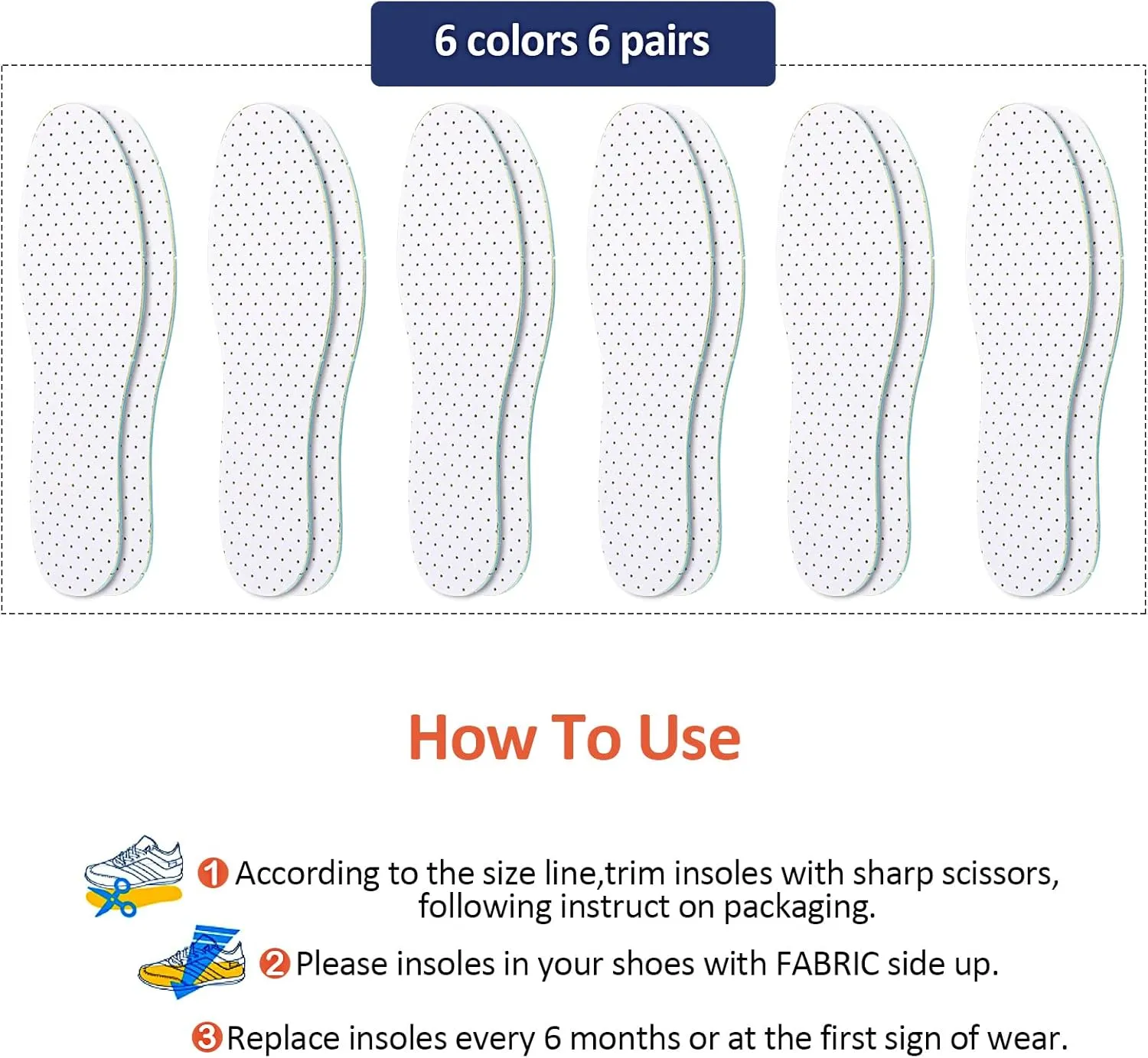 6 Pairs Shoe Insoles Women Thin Breathable Shoe Pads Inserts Ultra Soft Cushioning Walking Double Layer Latex Insoles with Holes Fit in Any Unisex, Men 7-11 Woman 2-8(White)