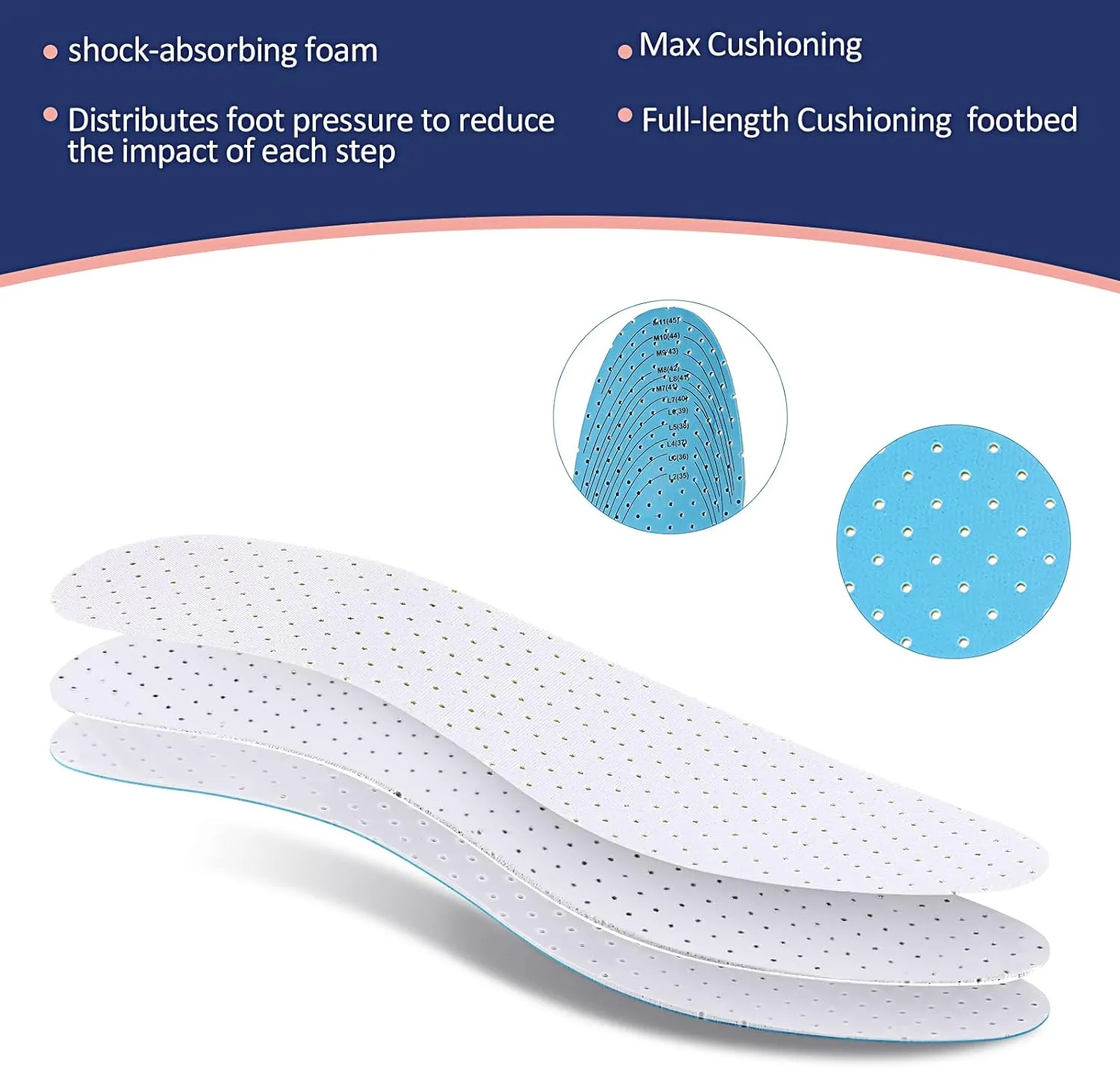 6 Pairs Shoe Insoles Women Thin Breathable Shoe Pads Inserts Ultra Soft Cushioning Walking Double Layer Latex Insoles with Holes Fit in Any Unisex, Men 7-11 Woman 2-8(White)