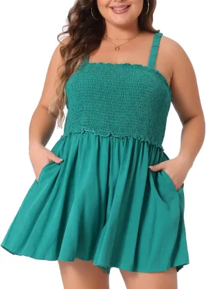Agnes Orinda Plus Size Summer Sleeveless Rompers for Women Square Collar Flowy Short Jumpsuit with Pockets
