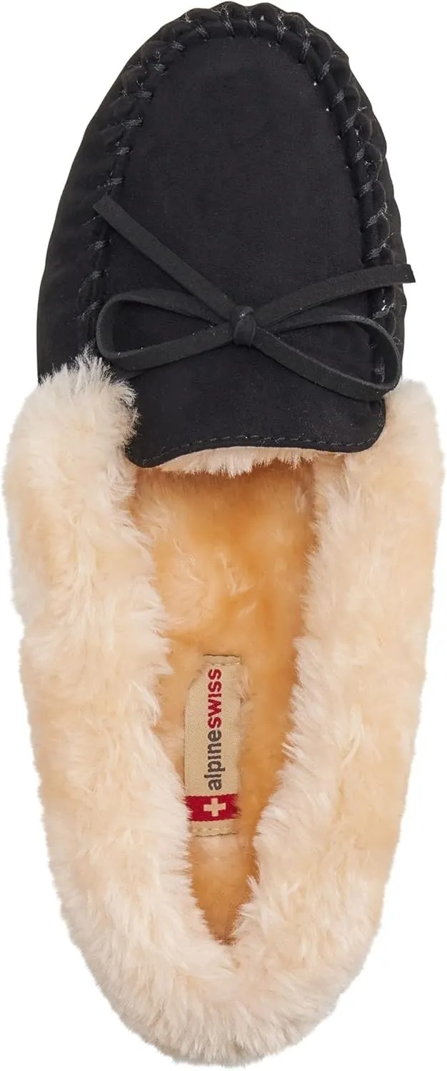 Alpine Swiss Leah Womens Shearling Moccasin Slippers Faux Fur Slip On House Shoes