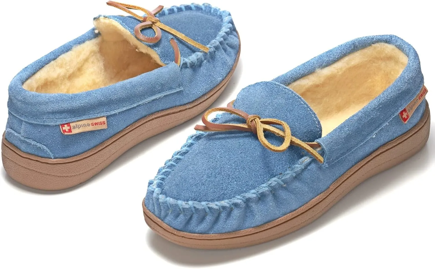 Alpine Swiss Sabine Womens Genuine Suede Shearling Slip On Moccasin Slippers