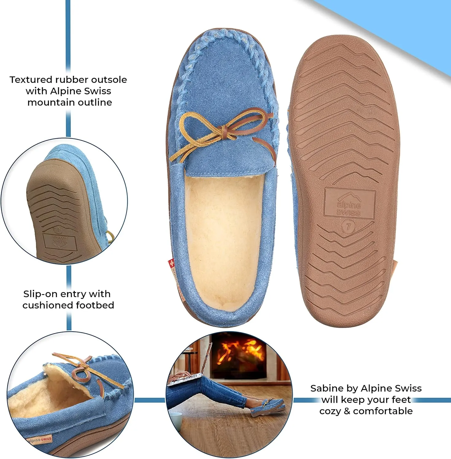 Alpine Swiss Sabine Womens Genuine Suede Shearling Slip On Moccasin Slippers