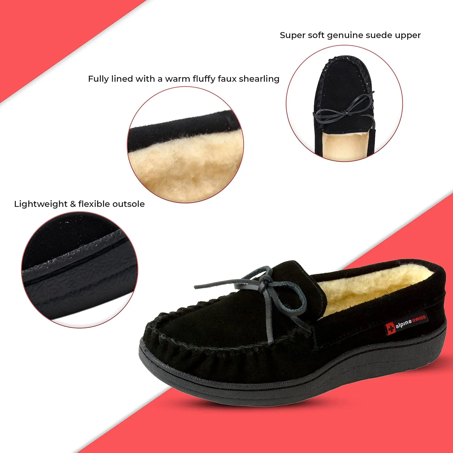 Alpine Swiss Sabine Womens Genuine Suede Shearling Slip On Moccasin Slippers