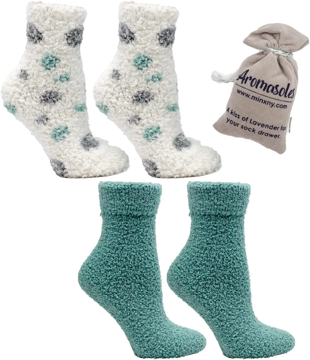 Aromasoles Non-Skid 2-pack Lavender Rose Shea Butter Infused Slipper Socks with Grips Fuzzy Cozy Winter Soft Fluffy Socks for Women's Day Gift