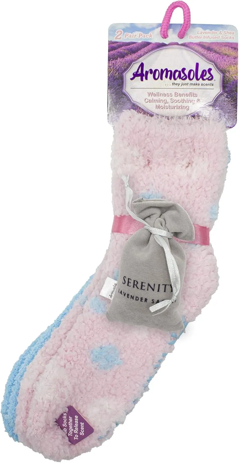 Aromasoles Non-Skid 2-pack Lavender Rose Shea Butter Infused Slipper Socks with Grips Fuzzy Cozy Winter Soft Fluffy Socks for Women's Day Gift