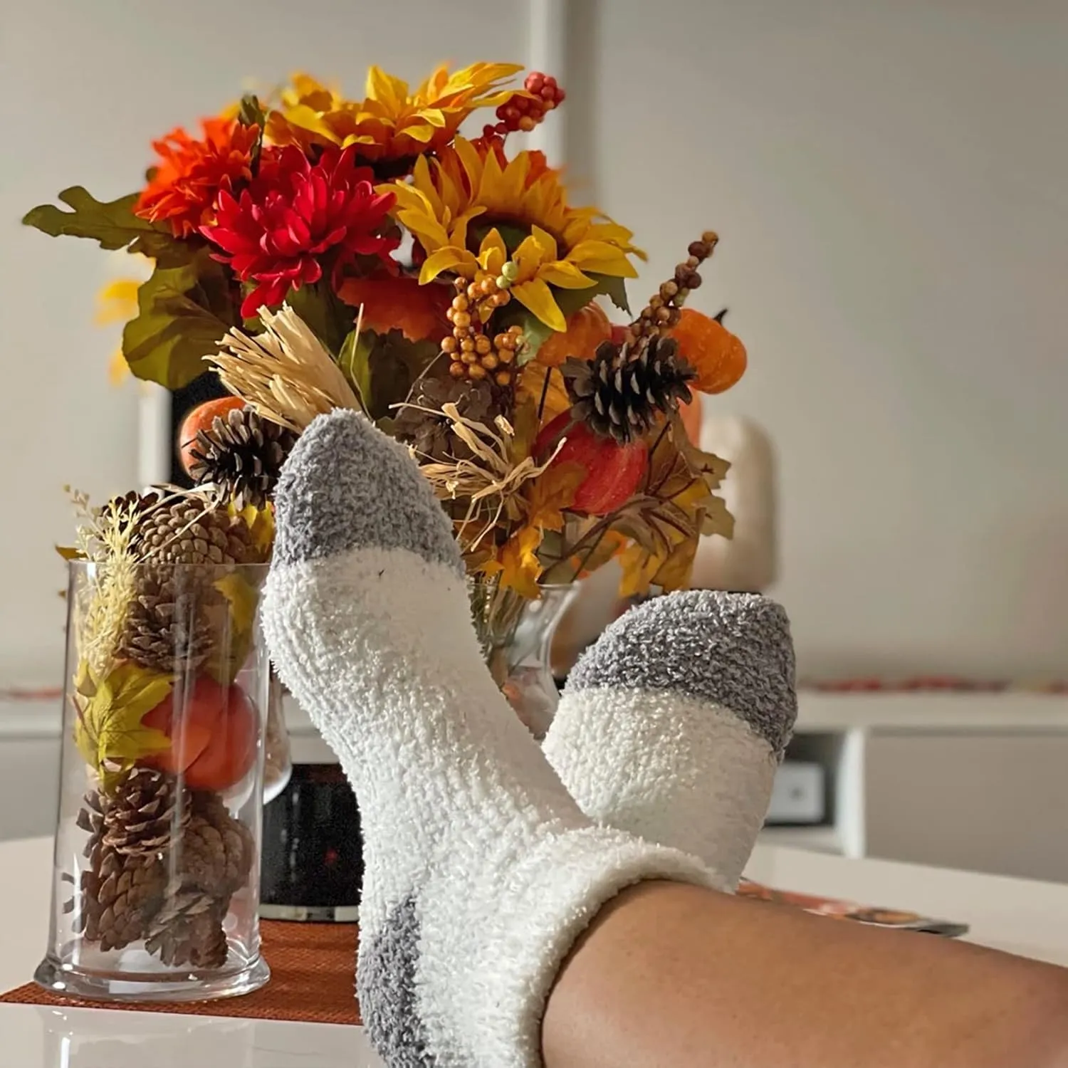 Aromasoles Non-Skid 2-pack Lavender Rose Shea Butter Infused Slipper Socks with Grips Fuzzy Cozy Winter Soft Fluffy Socks for Women's Day Gift