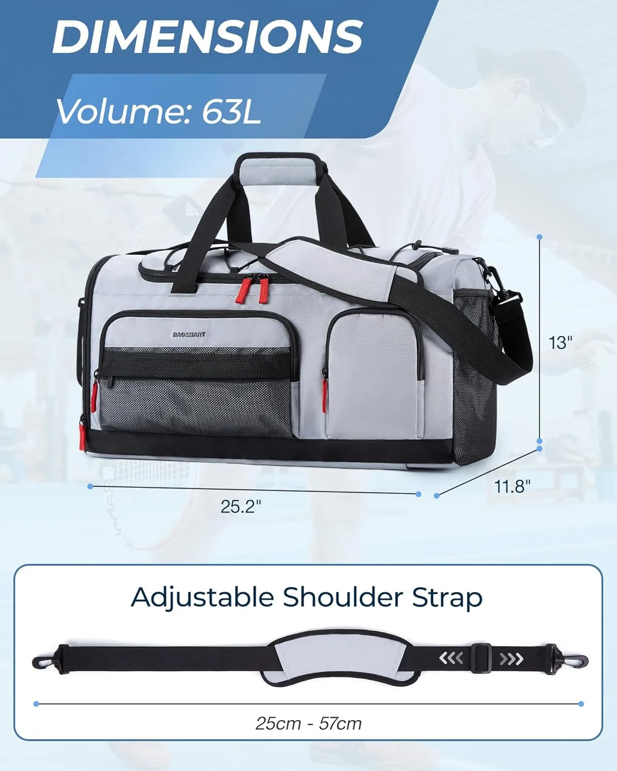 BAGSMART Large Gym Bag for Women & Men, 63L Sports Travel Duffel Bag with Shoe Laptop Compartment，Anti-Theft Carry On Weekender Bag for Travel,Workout Overnight Backpack,Grey