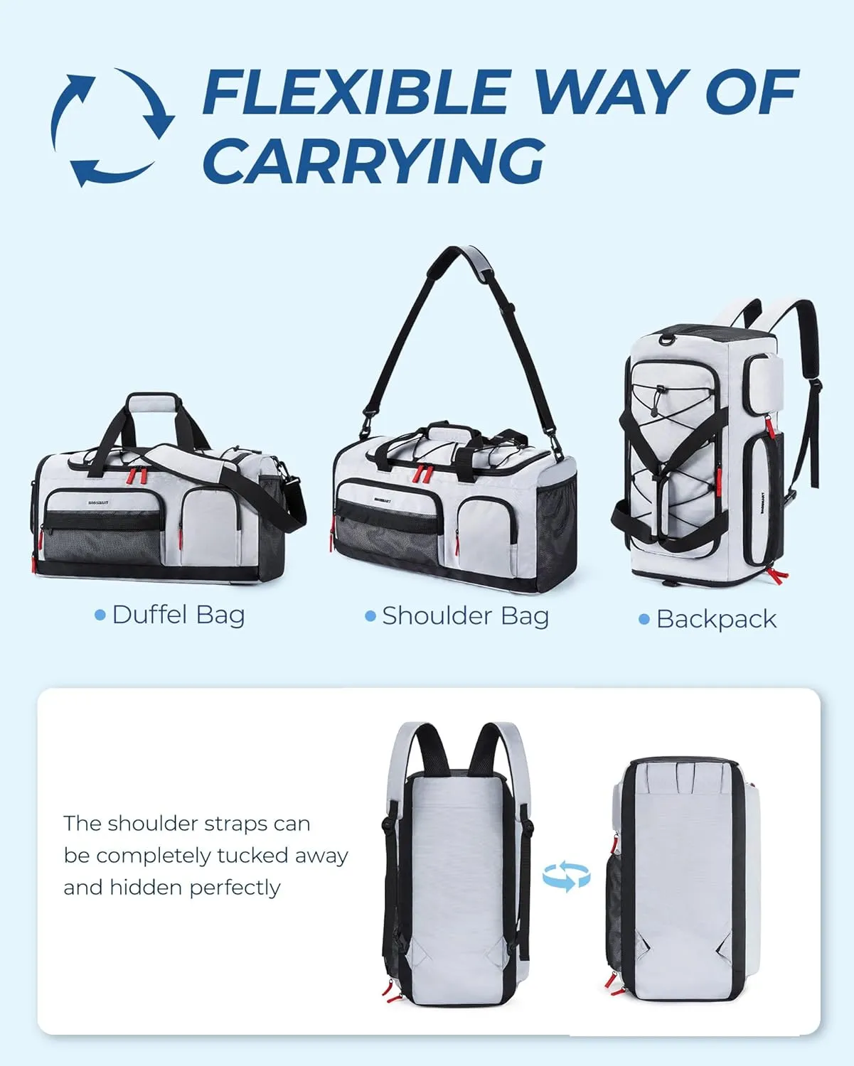 BAGSMART Large Gym Bag for Women & Men, 63L Sports Travel Duffel Bag with Shoe Laptop Compartment，Anti-Theft Carry On Weekender Bag for Travel,Workout Overnight Backpack,Grey