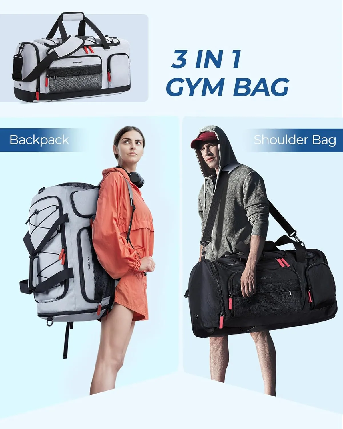 BAGSMART Large Gym Bag for Women & Men, 63L Sports Travel Duffel Bag with Shoe Laptop Compartment，Anti-Theft Carry On Weekender Bag for Travel,Workout Overnight Backpack,Grey