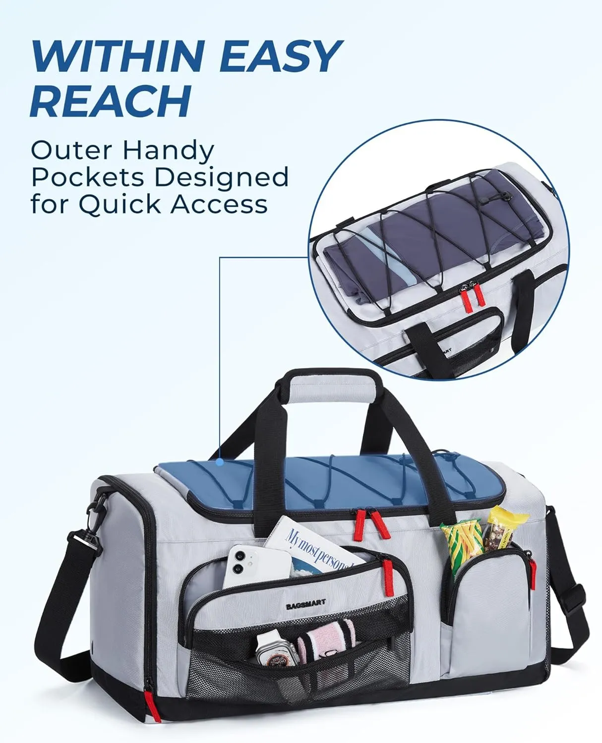 BAGSMART Large Gym Bag for Women & Men, 63L Sports Travel Duffel Bag with Shoe Laptop Compartment，Anti-Theft Carry On Weekender Bag for Travel,Workout Overnight Backpack,Grey