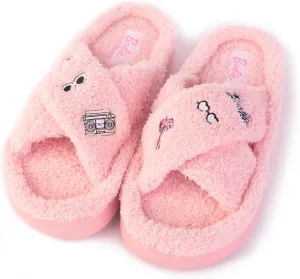 Barbie Women's Cozy X-Band and Open Toe Faux Fur Memory Foam Indoor Outdoor Soled Slipper in Xs-XL