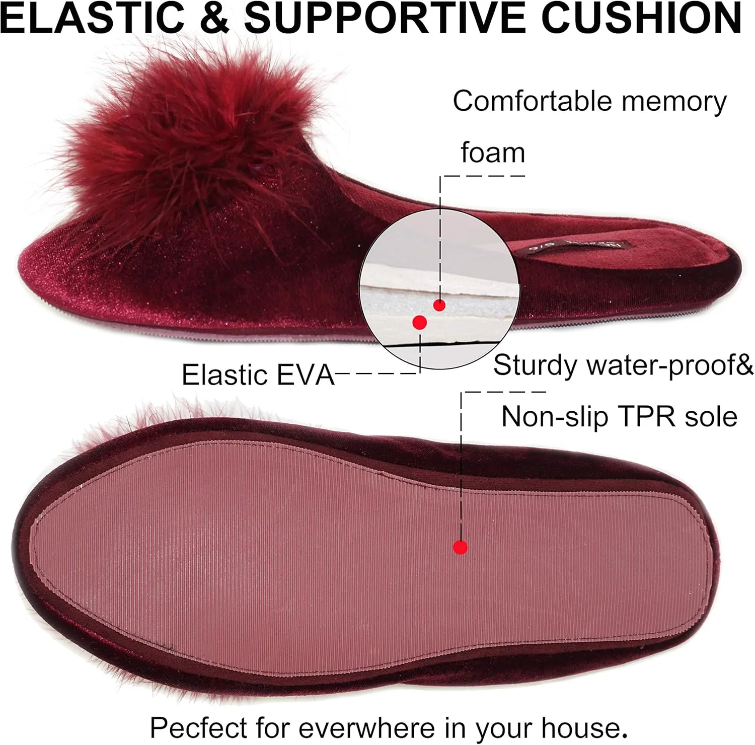 BCTEX COLL Women's Cozy Velvet Memory Foam House Slipper, Ladies Fuzzy Bedroom Slipper Non-slip Sole
