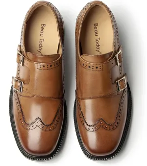BEAU TODAY Loafers for Women, Monk Strap Brogue Leather Loafer Shoes for Women, Comfortable Square Toe Loafer Flats, Business Casual Vintage Dress Shoes