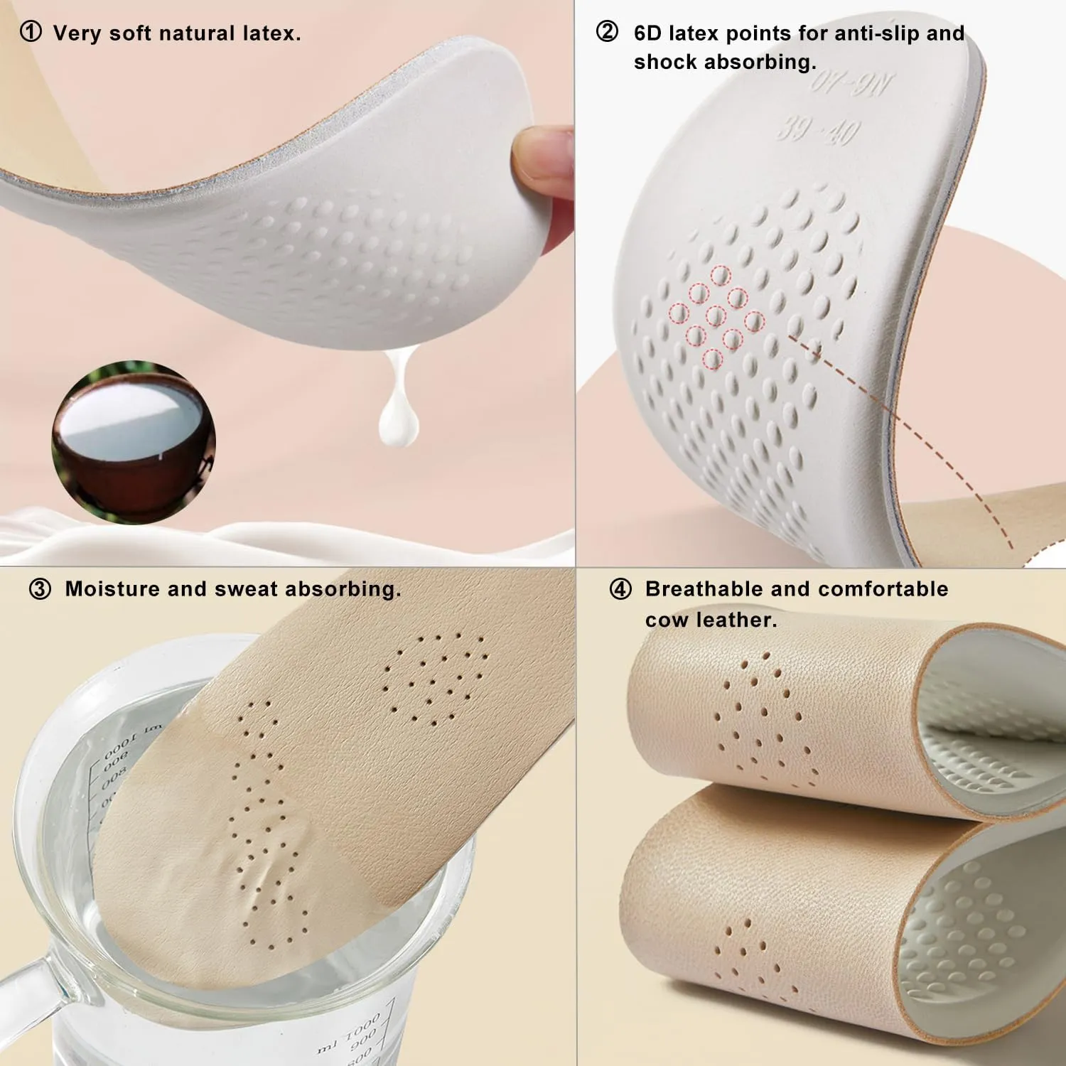 Beige Real Leather Shoe Insoles for Men Dress Shoes and Boots Thick Latex Cowhide Leather Shoe Inserts for Hiking and Walking Pains and Fatigues Relief Sweat Abosrbing
