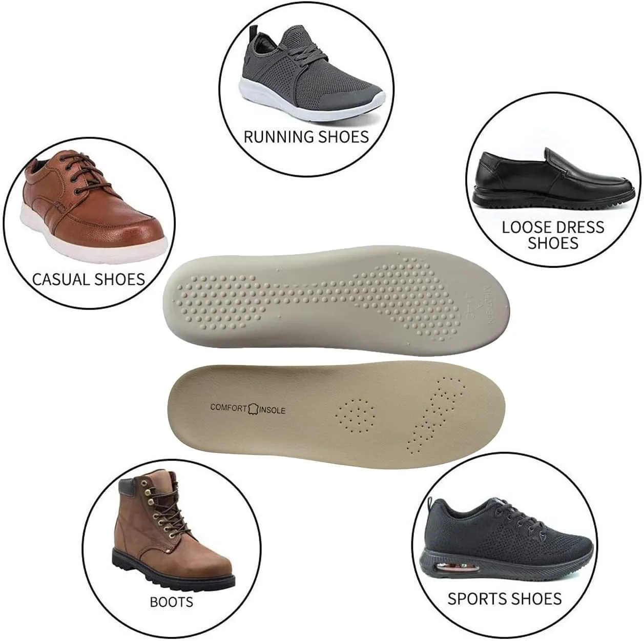 Beige Real Leather Shoe Insoles for Men Dress Shoes and Boots Thick Latex Cowhide Leather Shoe Inserts for Hiking and Walking Pains and Fatigues Relief Sweat Abosrbing