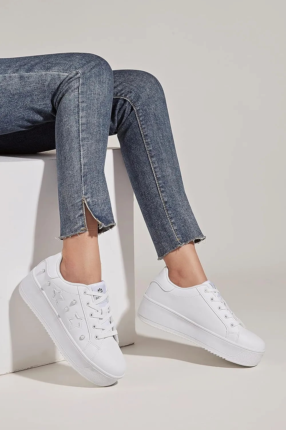BELOS Fashion Platform Women Sneakers Faux Suede Stars Holographic Rainbow Walking Shoes