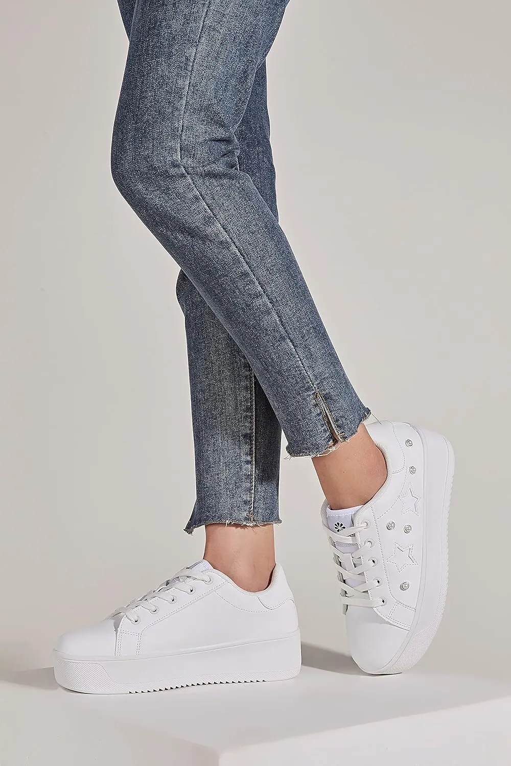 BELOS Fashion Platform Women Sneakers Faux Suede Stars Holographic Rainbow Walking Shoes