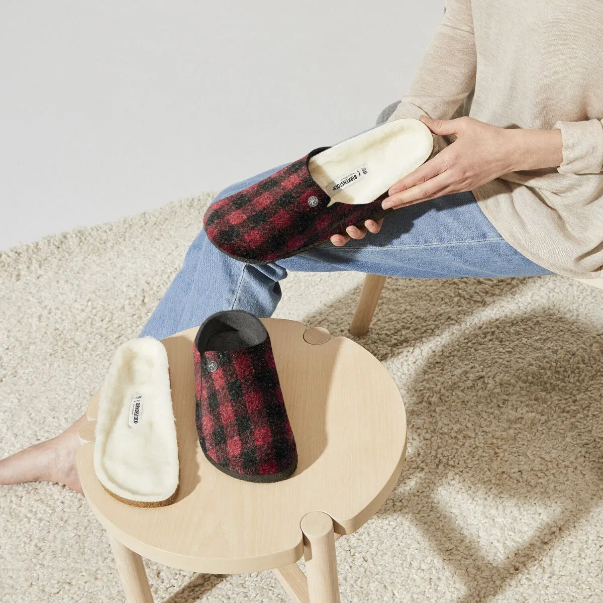 Birkenstock Plaid Red Wool Felt Zermatt Shearling Women's Slippers N1017544