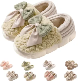 Bow Slippers for Women, Cute Cartoon Fluffy Warm Slippers with Bow, Winter Cozy House Slippers Plush Indoor Outdoor Shoes