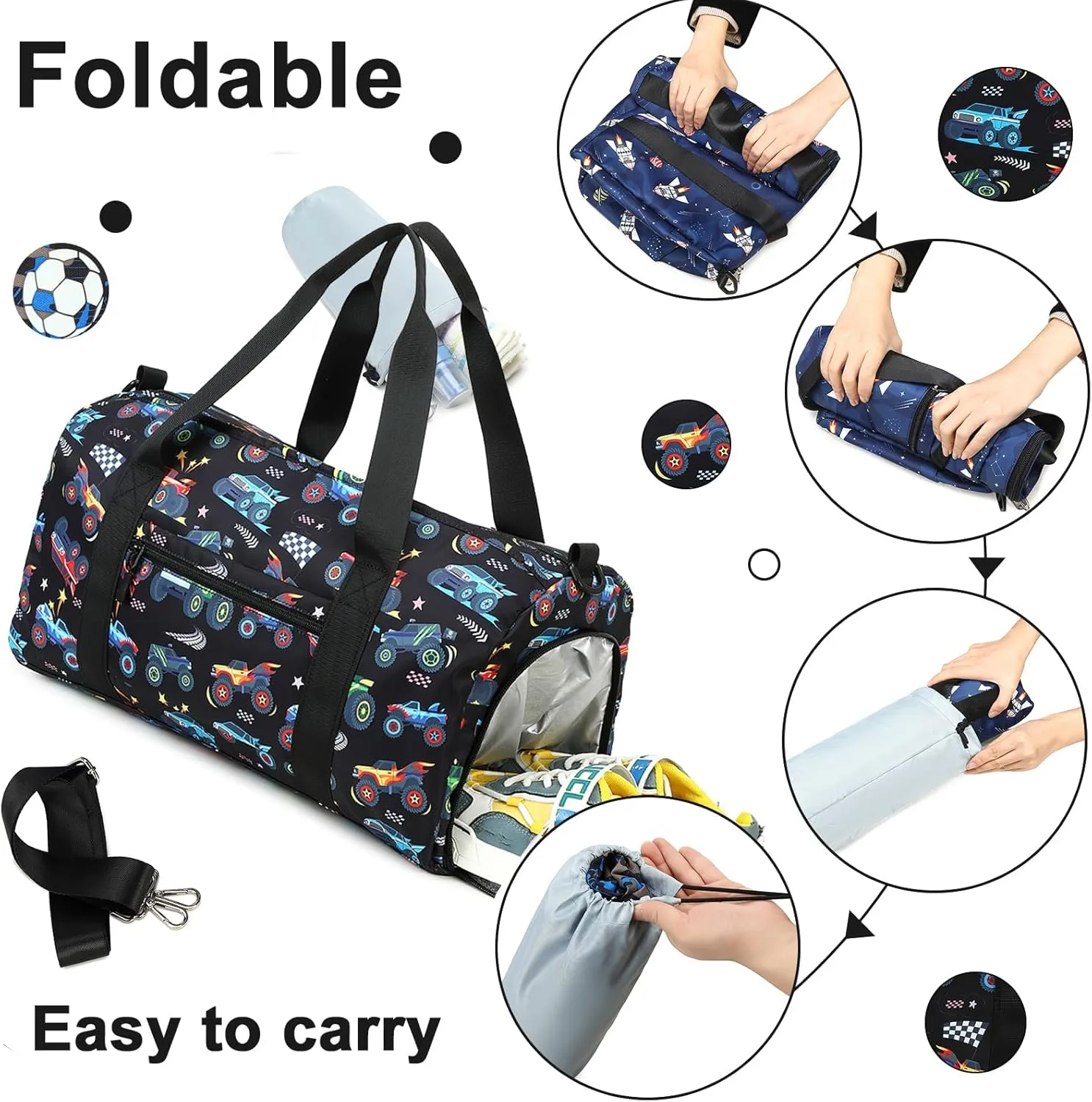 BTOOP Kids Overnight Bag for Boys Small Soccer Sports Gym Bags Duffle Tote With Shoe Compartment Toddler Weekender Sleepover Bags for Travel (Truck-Black)