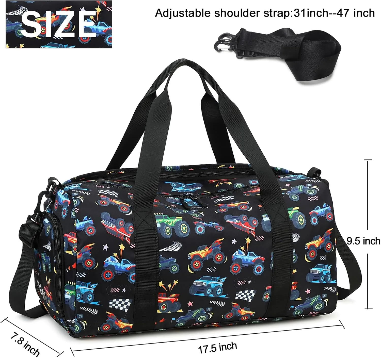 BTOOP Kids Overnight Bag for Boys Small Soccer Sports Gym Bags Duffle Tote With Shoe Compartment Toddler Weekender Sleepover Bags for Travel (Truck-Black)