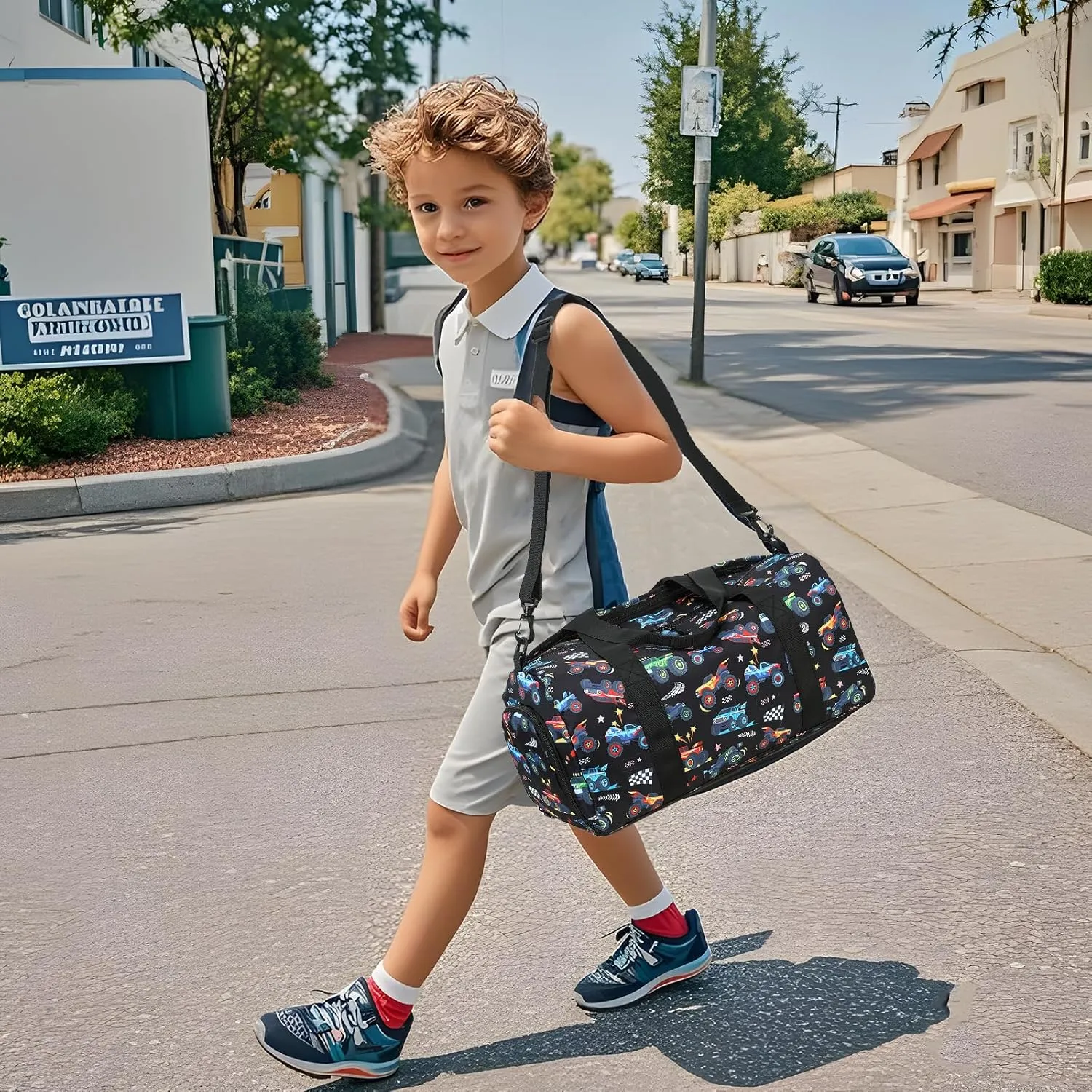 BTOOP Kids Overnight Bag for Boys Small Soccer Sports Gym Bags Duffle Tote With Shoe Compartment Toddler Weekender Sleepover Bags for Travel (Truck-Black)