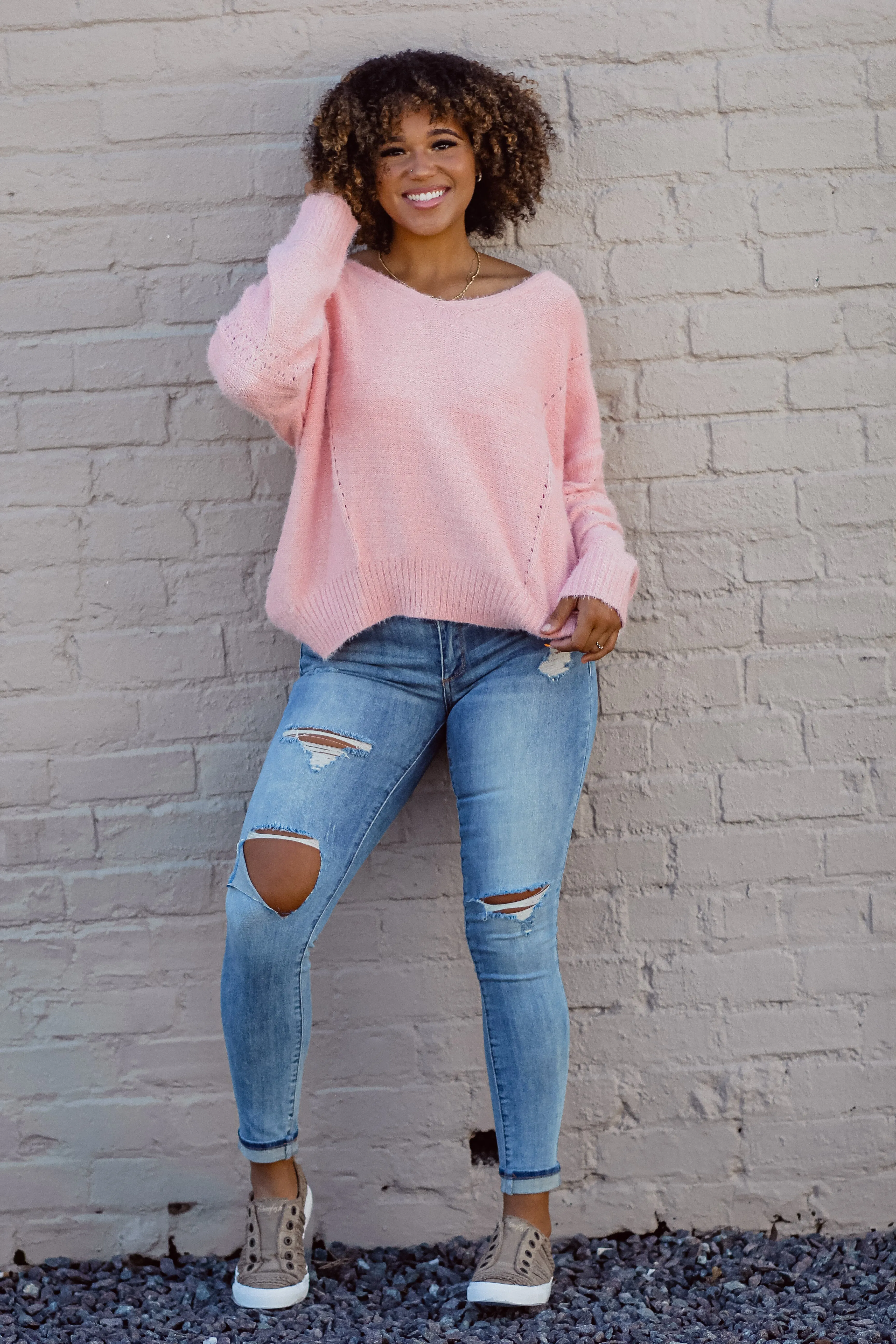 Bubblegum Pink V Neck Soft Knit Sweater