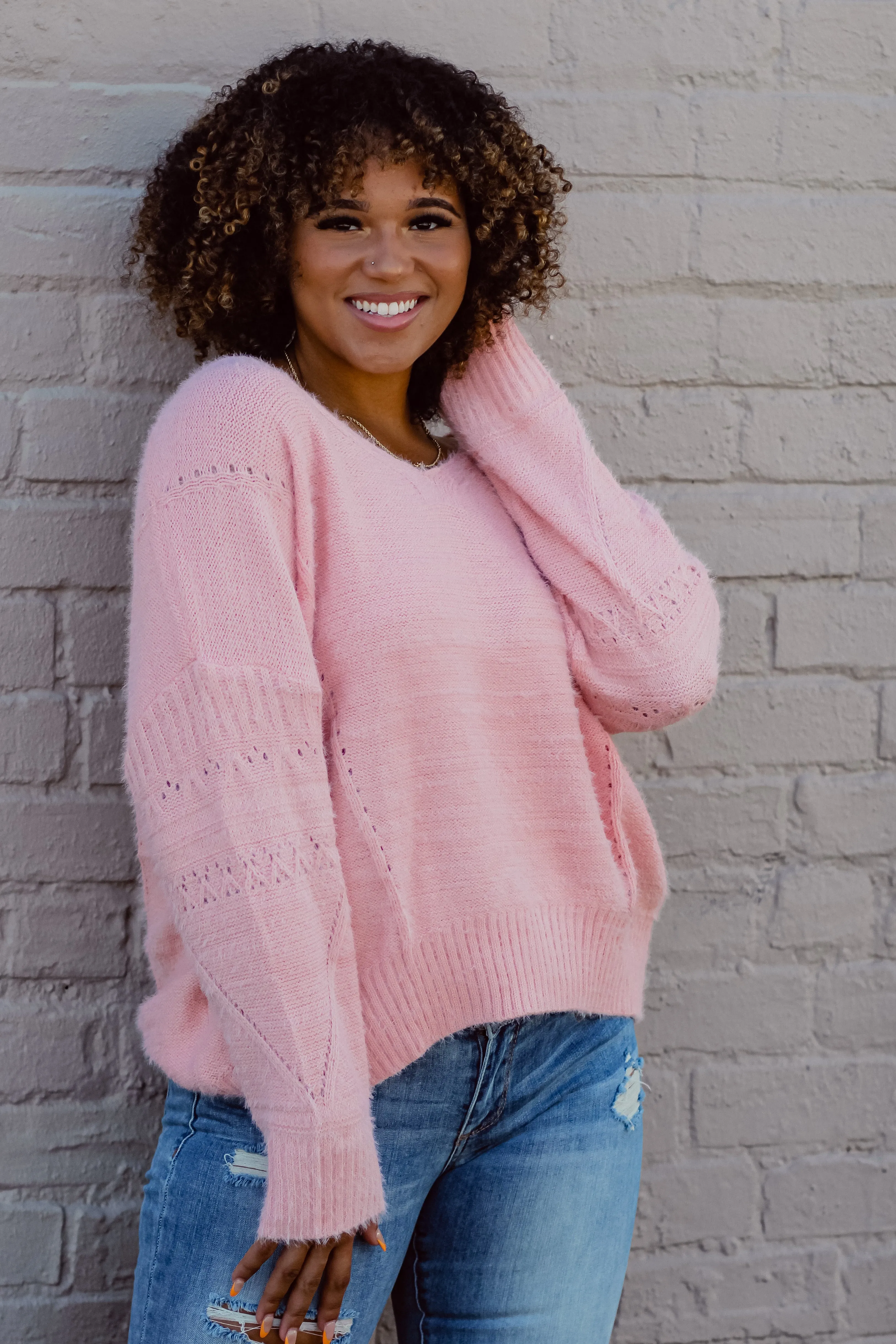 Bubblegum Pink V Neck Soft Knit Sweater