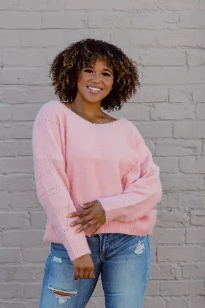 Bubblegum Pink V Neck Soft Knit Sweater