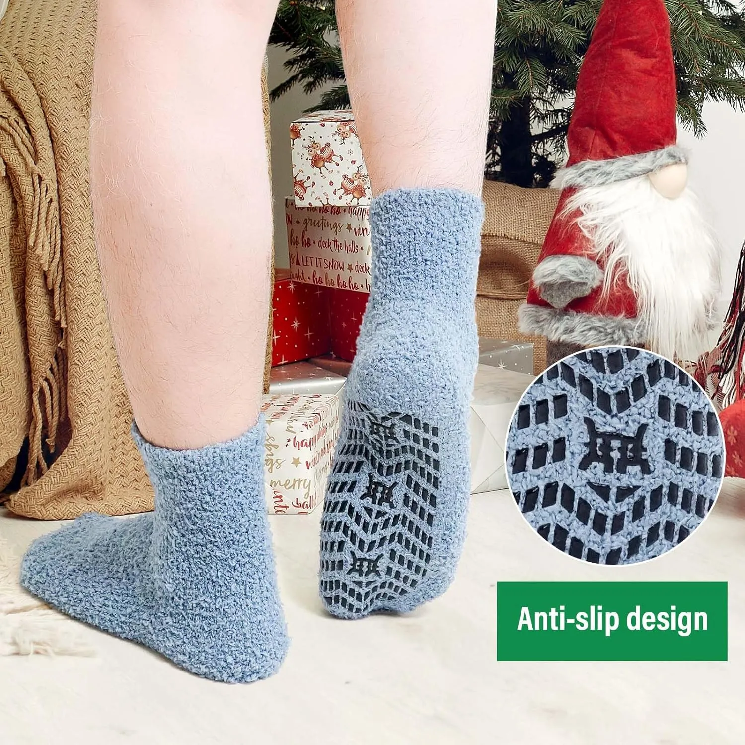 CaiDieNu Fuzzy Socks for Men with Grippers, Fluffy Slipper Socks Winter Warm Thick Home Hospital Cozy Non-slip Socks 5 Pairs