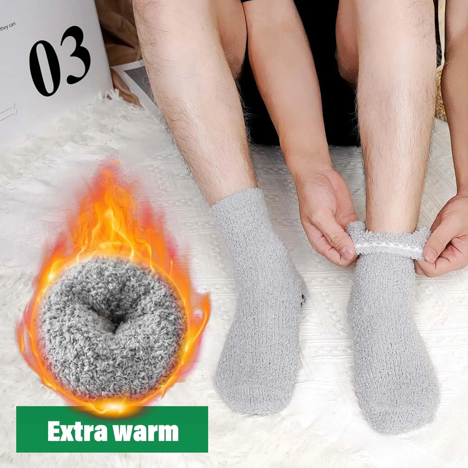 CaiDieNu Fuzzy Socks for Men with Grippers, Fluffy Slipper Socks Winter Warm Thick Home Hospital Cozy Non-slip Socks 5 Pairs