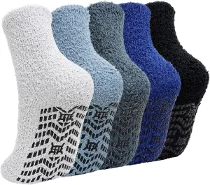 CaiDieNu Fuzzy Socks for Men with Grippers, Fluffy Slipper Socks Winter Warm Thick Home Hospital Cozy Non-slip Socks 5 Pairs