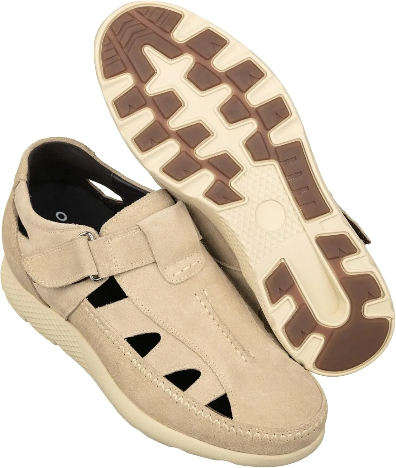 CALTO Men's Invisible Height Increasing Elevator Shoes - Beige Premium Suede Leather Lightweight Fisherman Sandals - 2.6 Inches Taller - K2135 - Size 9 D(M) US