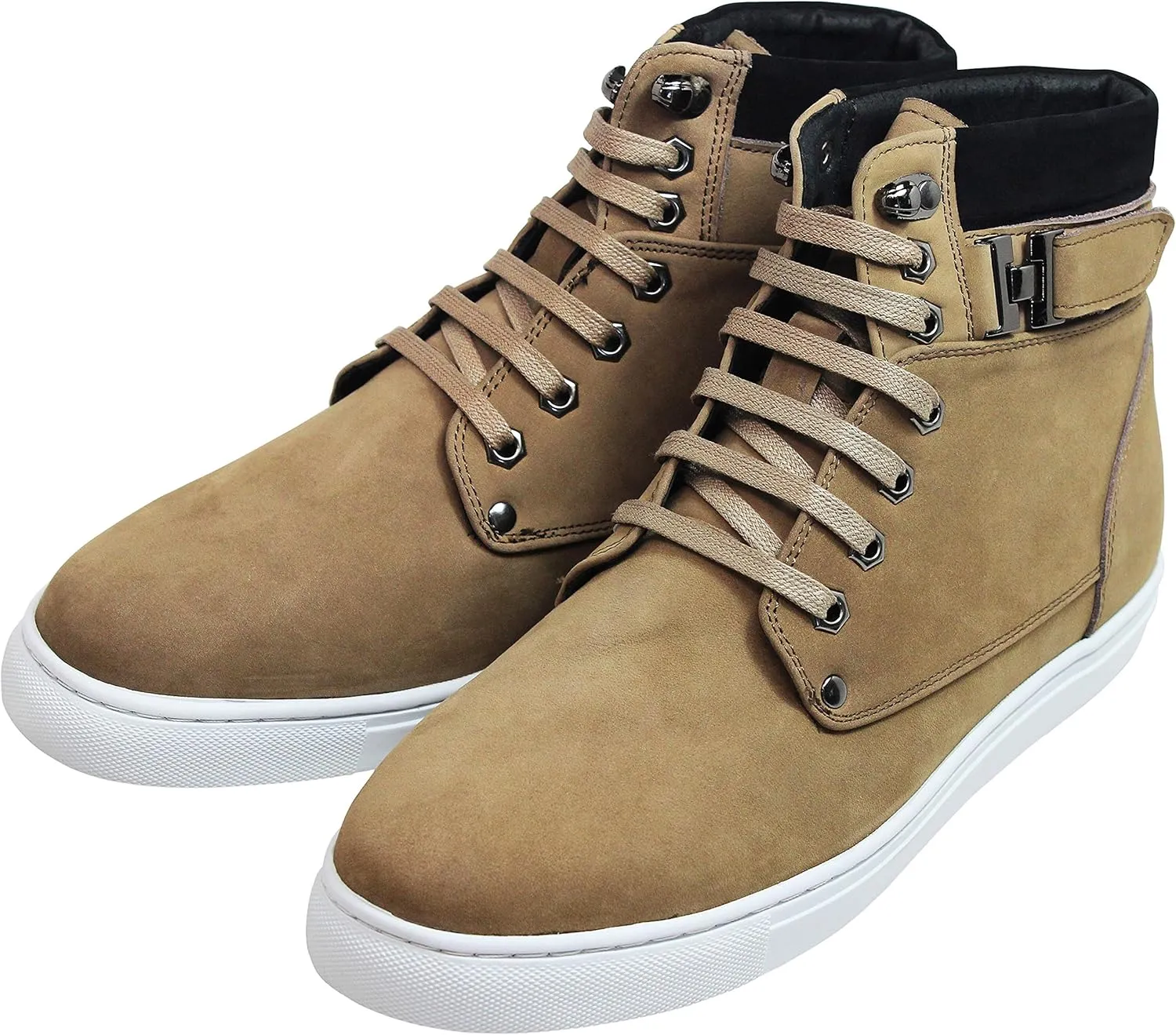 CALTO Men's Invisible Height Increasing Elevator Shoes - Tan Brown Nubuck Leather Lace-up Fashion Sneakers - 2.6 Inches Taller - T53121 - Size 8 D(M) US
