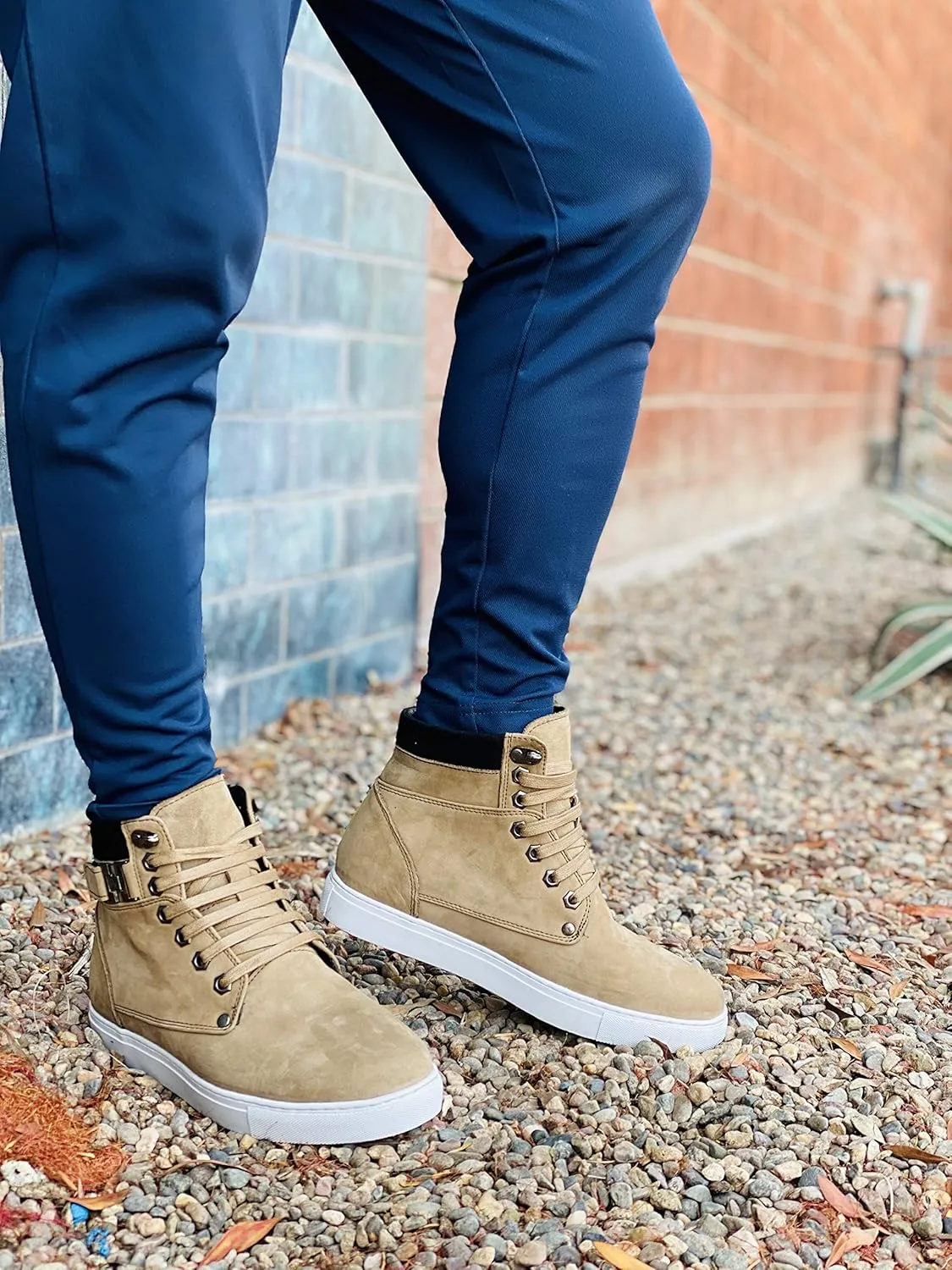 CALTO Men's Invisible Height Increasing Elevator Shoes - Tan Brown Nubuck Leather Lace-up Fashion Sneakers - 2.6 Inches Taller - T53121 - Size 8 D(M) US