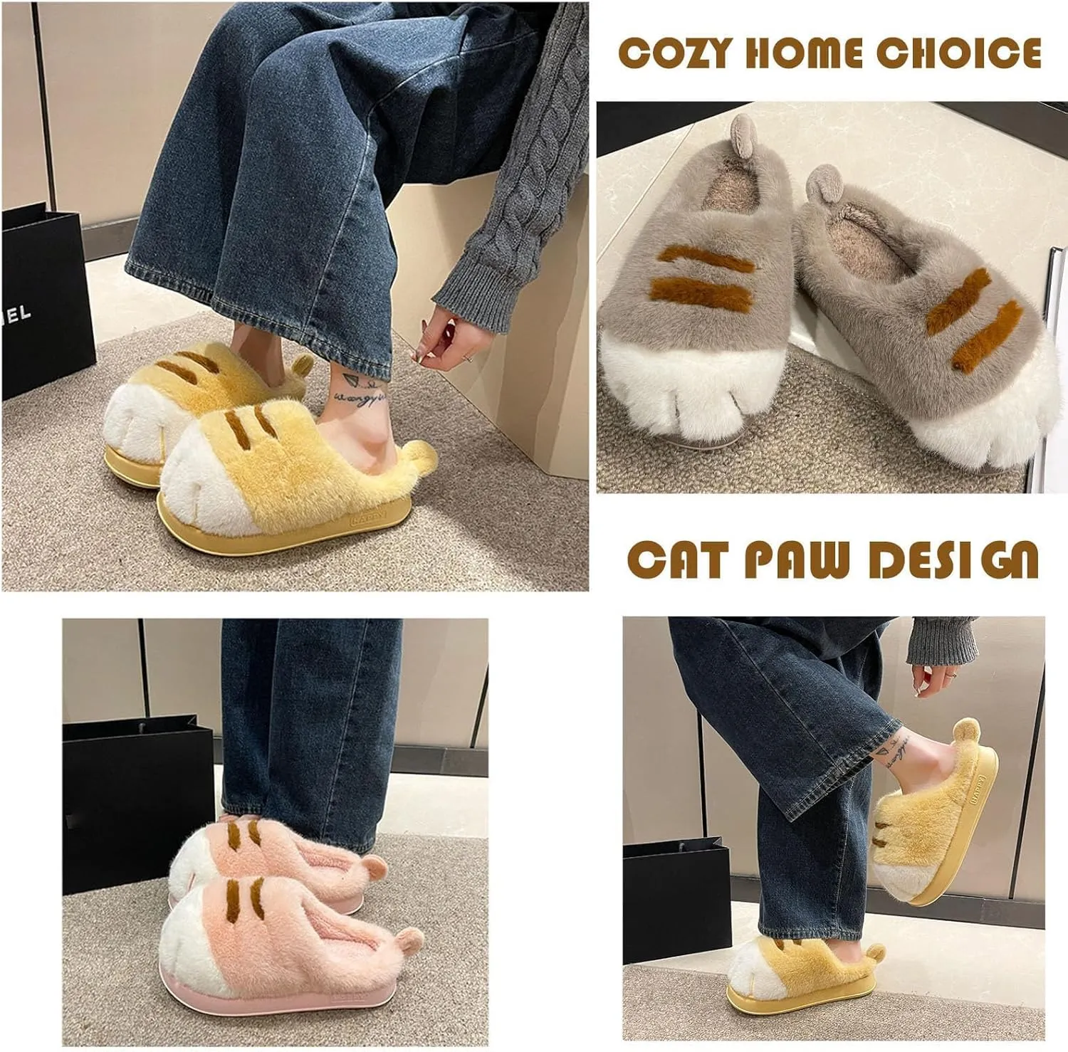 Cat Paw Slippers,3D Cat Paw Cartoon Slipper for Women, Warm Fluffy Furry Winter House Cat Paw Slides for Indoor