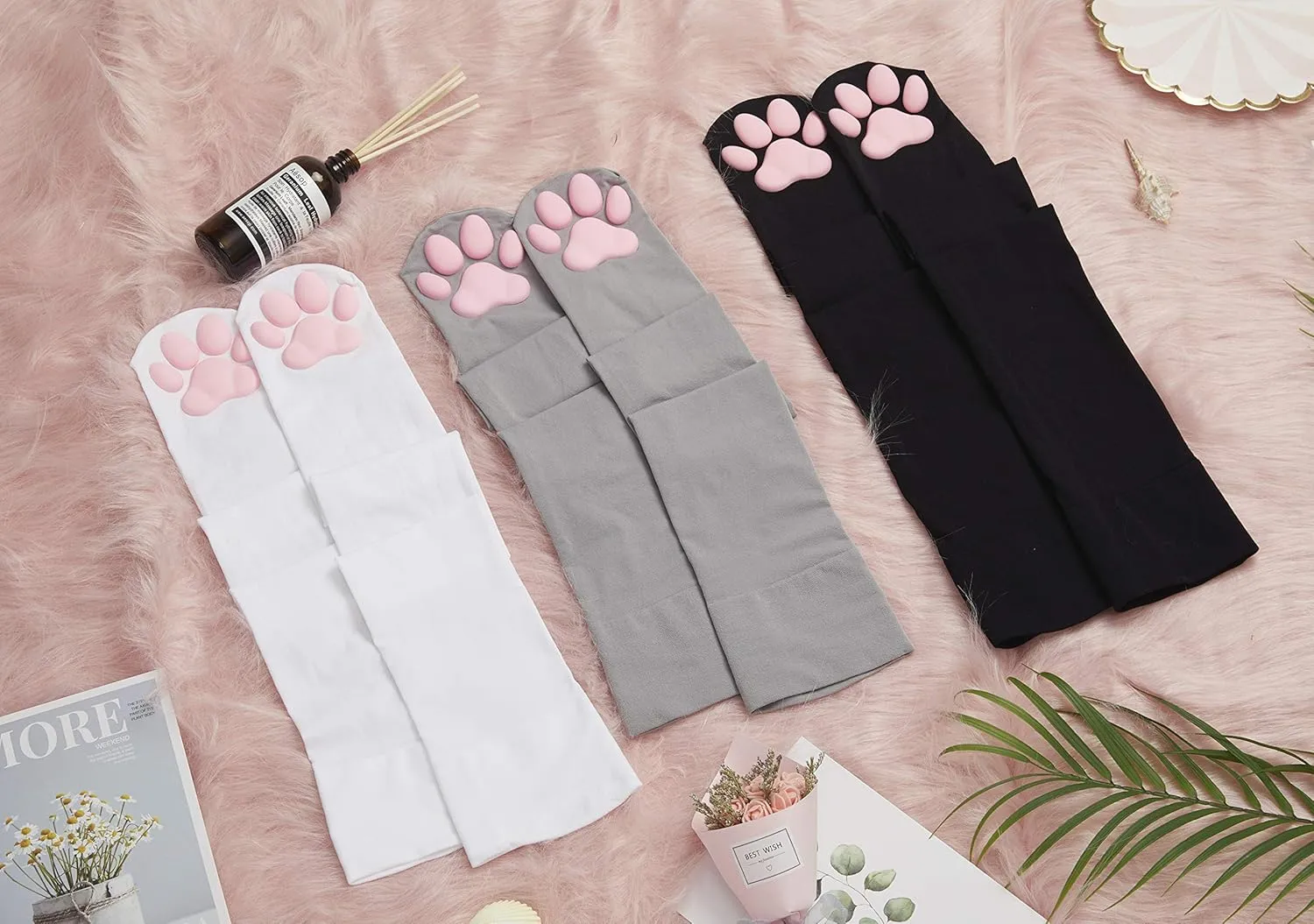 Cat Paw Thigh High Socks Golves, Cute Soft 3D Toe Beans Socks Mittens Kitten Claw Pad Socks for Girl Women Cosplay Set…
