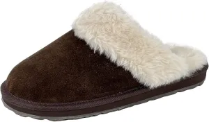 Clarks Womens Open Back Suede Leather Comfort Clog Slipper JMS0583C - Plush Faux Fur Trim - Indoor Outdoor House Slippers For Women (6 M US, Dk Brown)