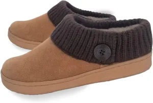 Clarks Womens Suede Leather Comfort Clog Knitted Collar Slipper - Plush Faux Fur Trim - Indoor Outdoor House Slippers For Women (Cinnamon/Brown 7M)