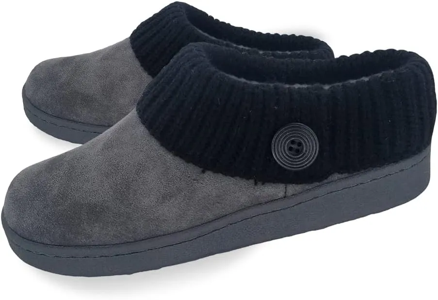 Clarks Womens Suede Leather Comfort Clog Knitted Collar Slipper - Plush Faux Fur Trim - Indoor Outdoor House Slippers For Women (Grey/Black 7M)