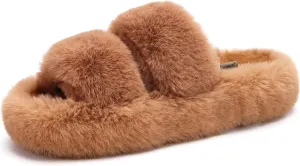 COFACE Womens House Slippers Woman Fuzzy Fluff Indoor Slipper Ladies Furry Fur Bedroom Slip On Slipers Women’s Home Winter Open Toe Plush Shearling Slide Size 5-11