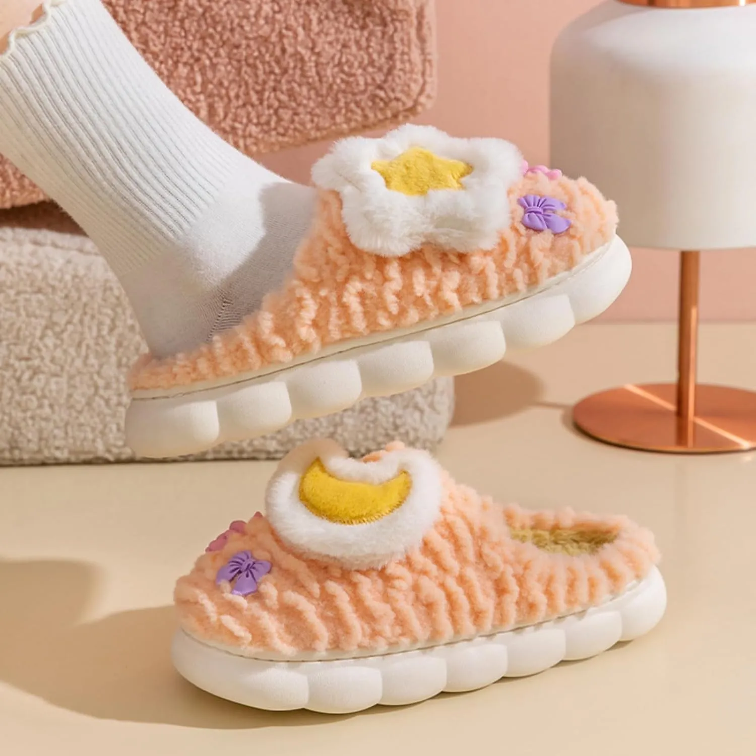Cosmic Star Moon Cotton Stuff Slippers Plush Velvet Soft Furry Slippers Cozy Fluffy Home Indoor Outdoor House Shoes