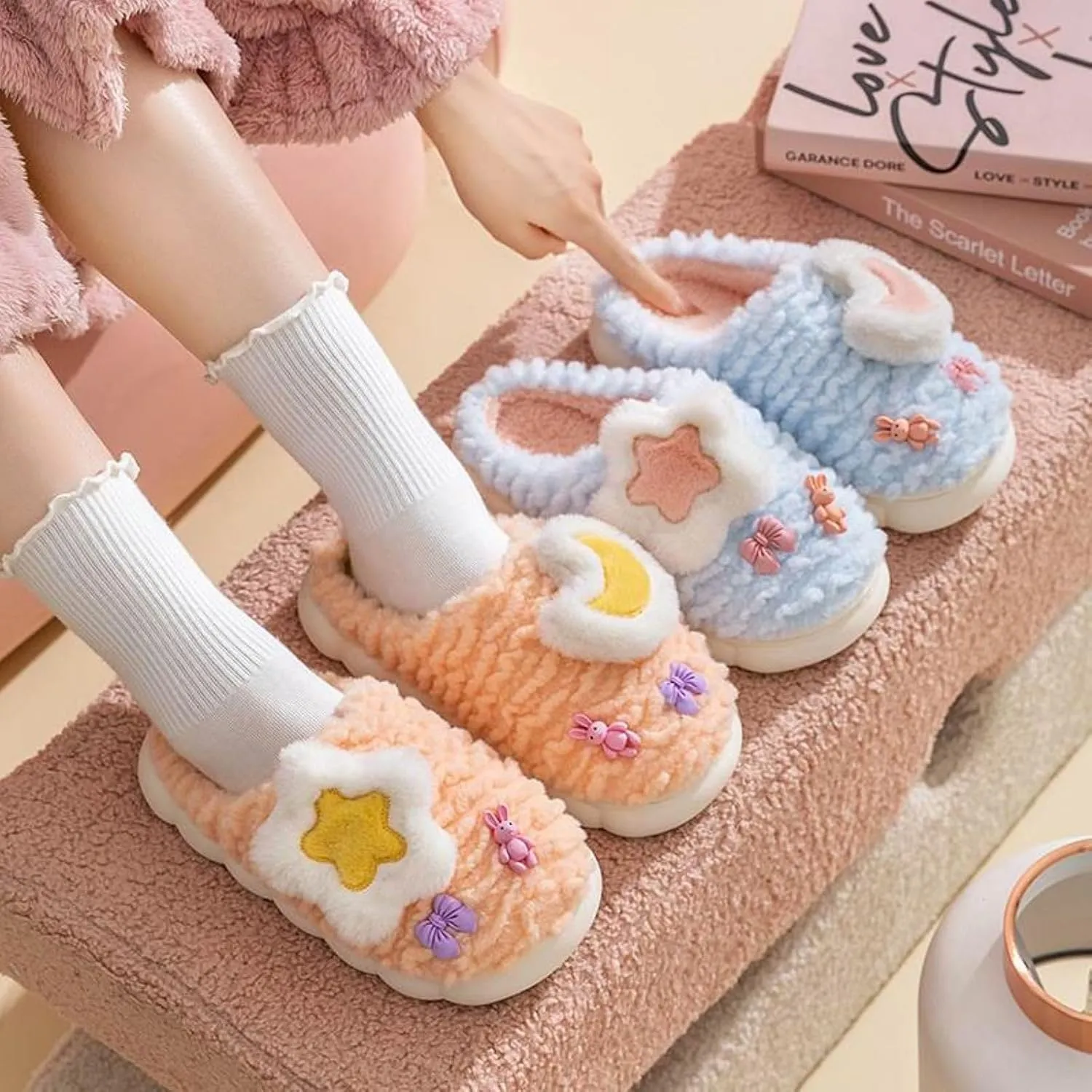 Cosmic Star Moon Cotton Stuff Slippers Plush Velvet Soft Furry Slippers Cozy Fluffy Home Indoor Outdoor House Shoes