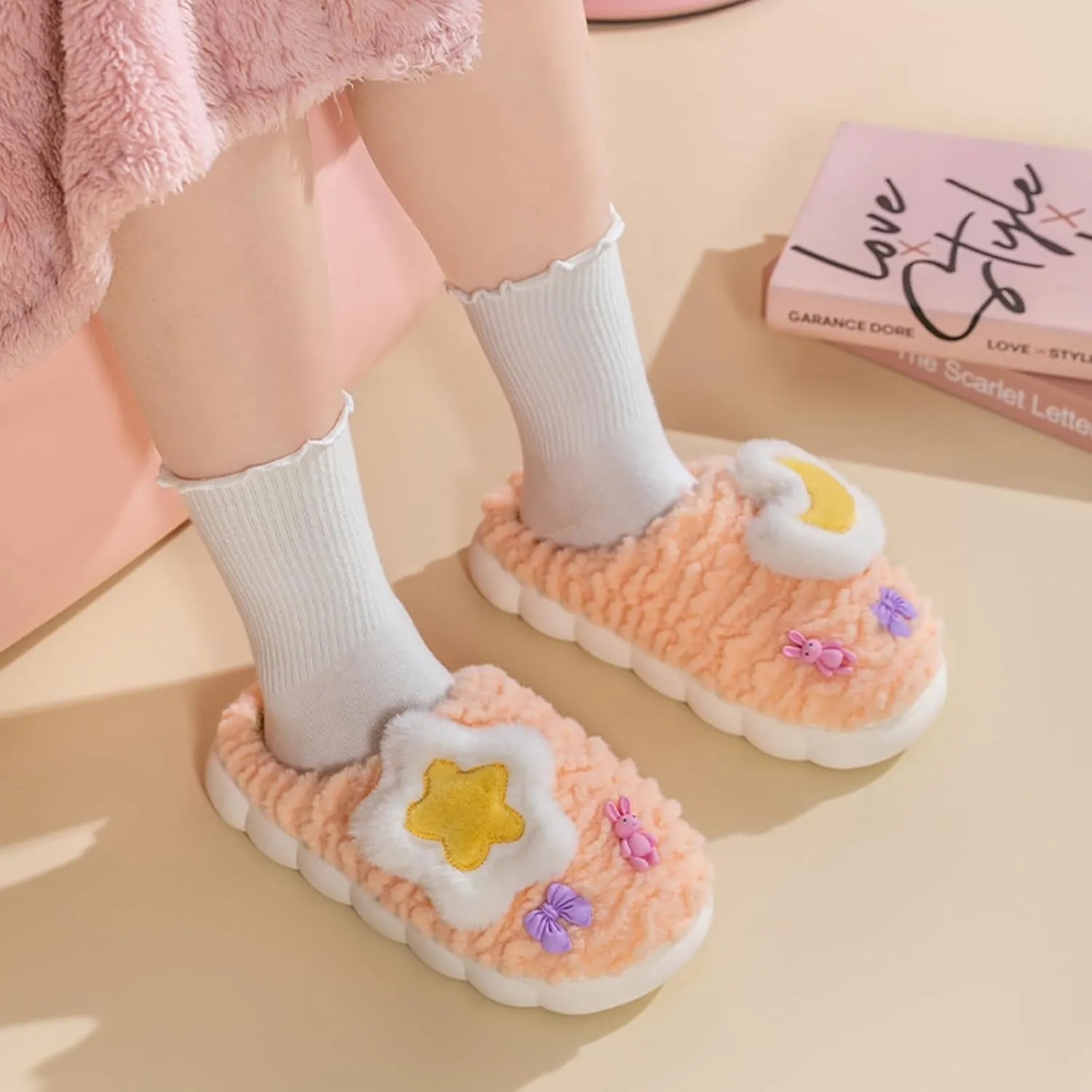 Cosmic Star Moon Cotton Stuff Slippers Plush Velvet Soft Furry Slippers Cozy Fluffy Home Indoor Outdoor House Shoes