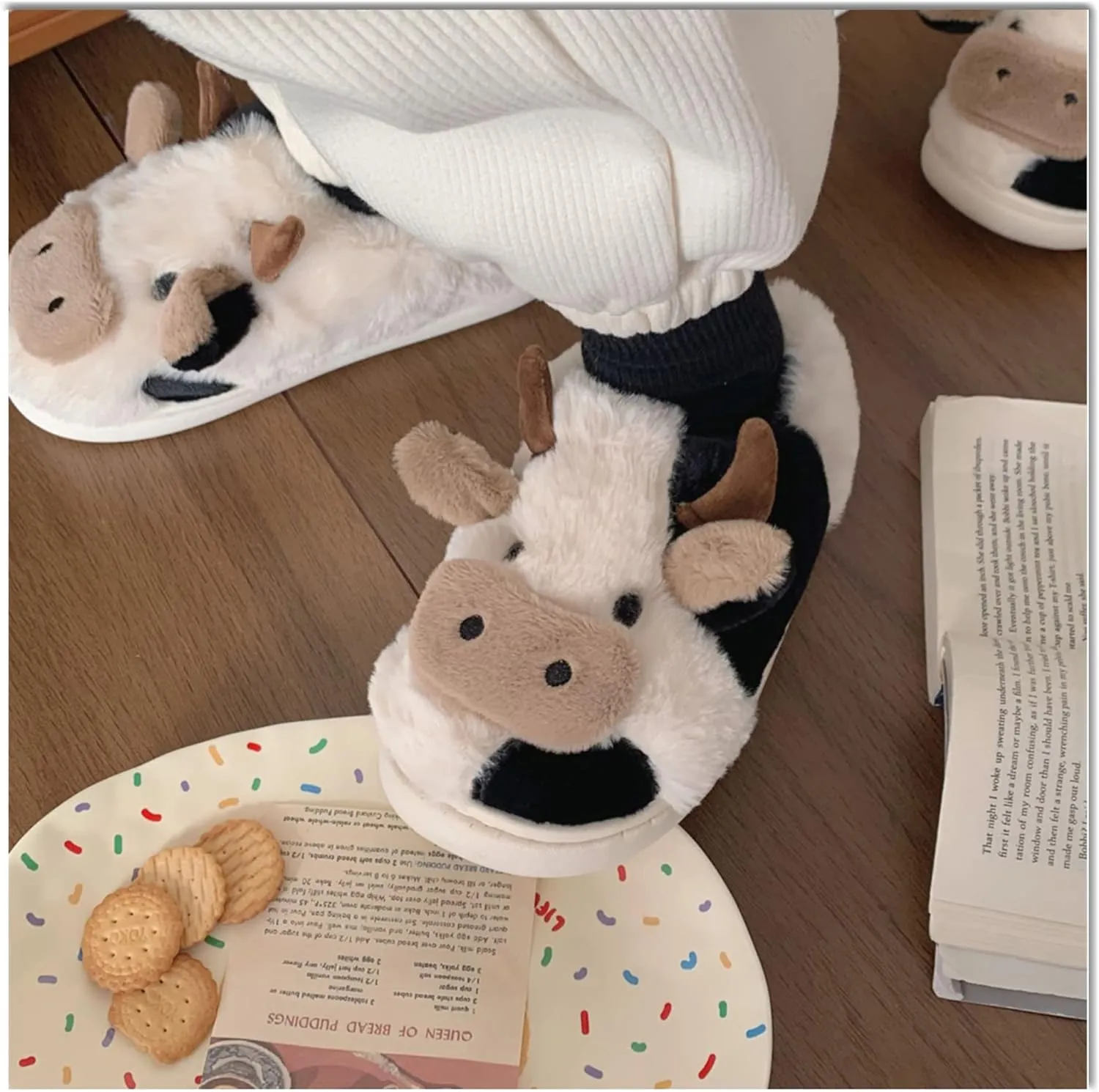 COVS Cute Cow Fluffy House Slippers - Kawaii Shoes for Women and Men, Indoor and Outdoor
