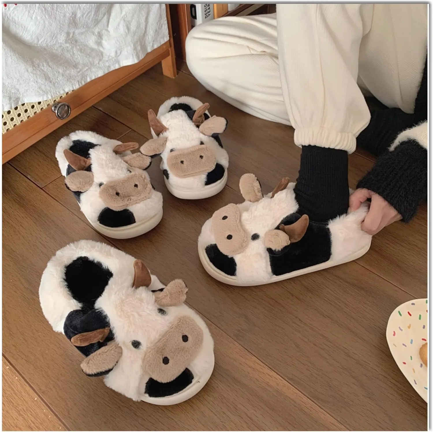 COVS Cute Cow Fluffy House Slippers - Kawaii Shoes for Women and Men, Indoor and Outdoor