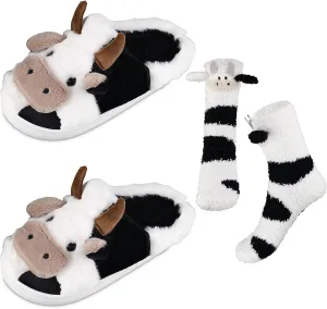 Cow Print Slippers and Socks, Cute Warm Cow Slippers Anti-Skidding Cartoon Cow Slippers Fuzzy Cow Slippers Cow Shoes for Women Girls 3D Animal Winter Gift