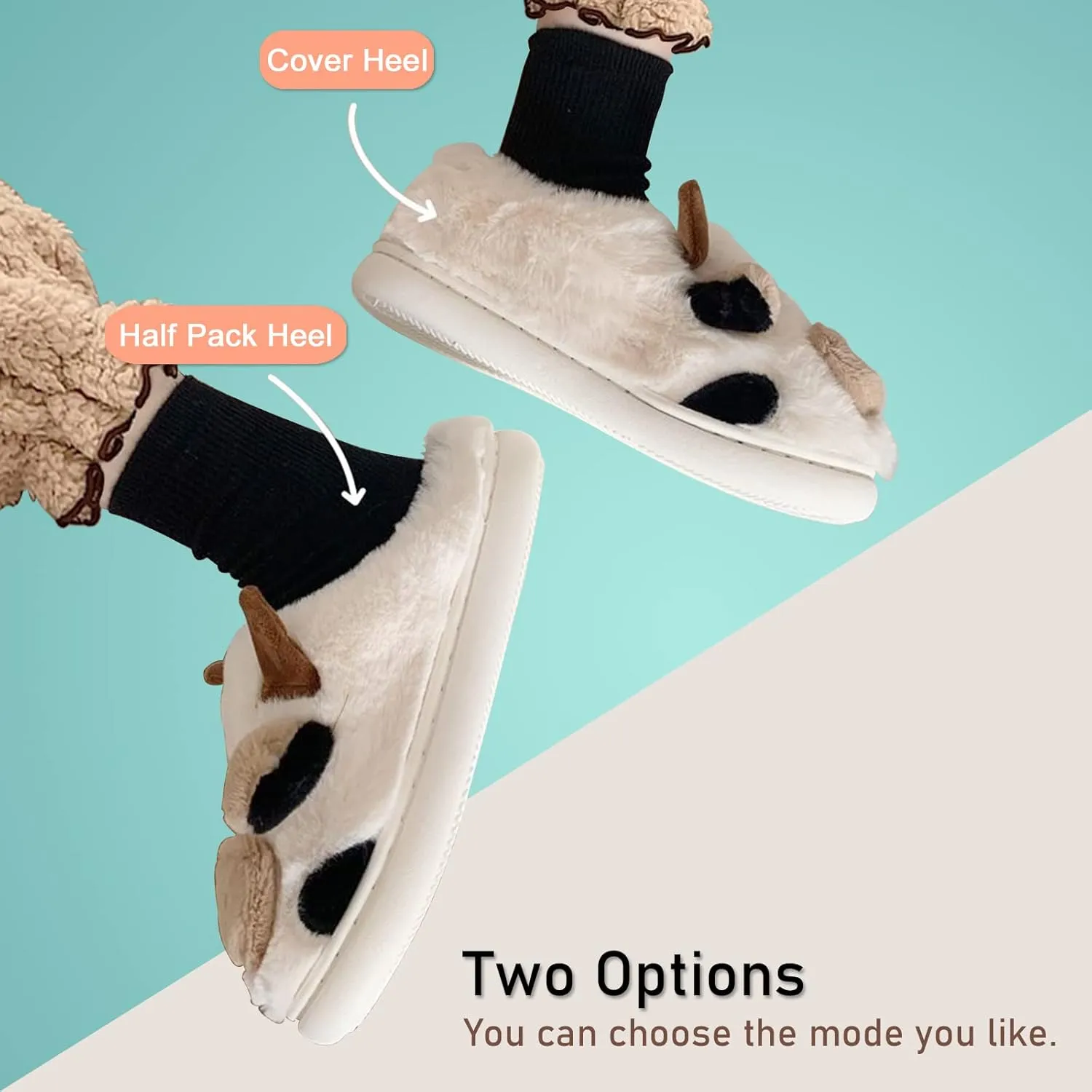 Cow Slippers for Women,Cartoon Animal Fuzzy Slippers,Winter Warm Women's House Slippers,Anti-Slip Indoor Outdoor for Man Wrap Heel